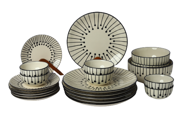 white and black line crockery set