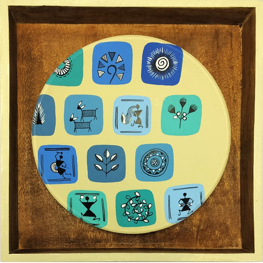 Artysta 'Blue Warli Square' Handmade Wooden Wall Frame