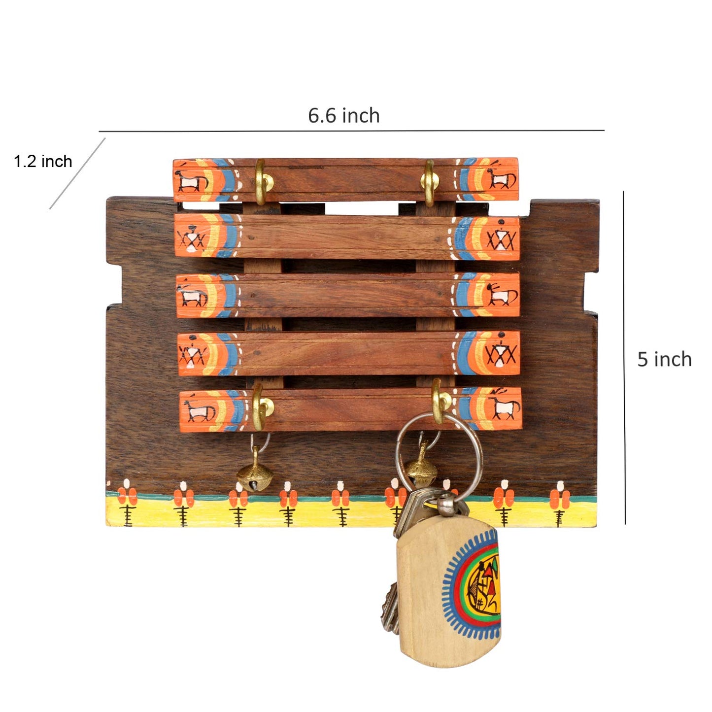 'Warli Block' Handcrafted Wooden Key Holder for Wall (4 Key Hooks)