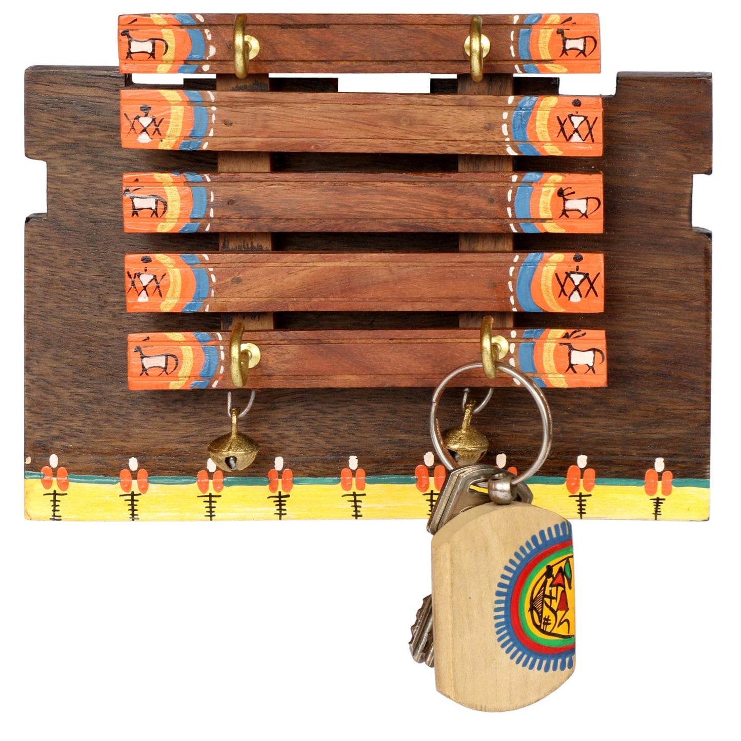 'Warli Block' Handcrafted Wooden Key Holder for Wall (4 Key Hooks)