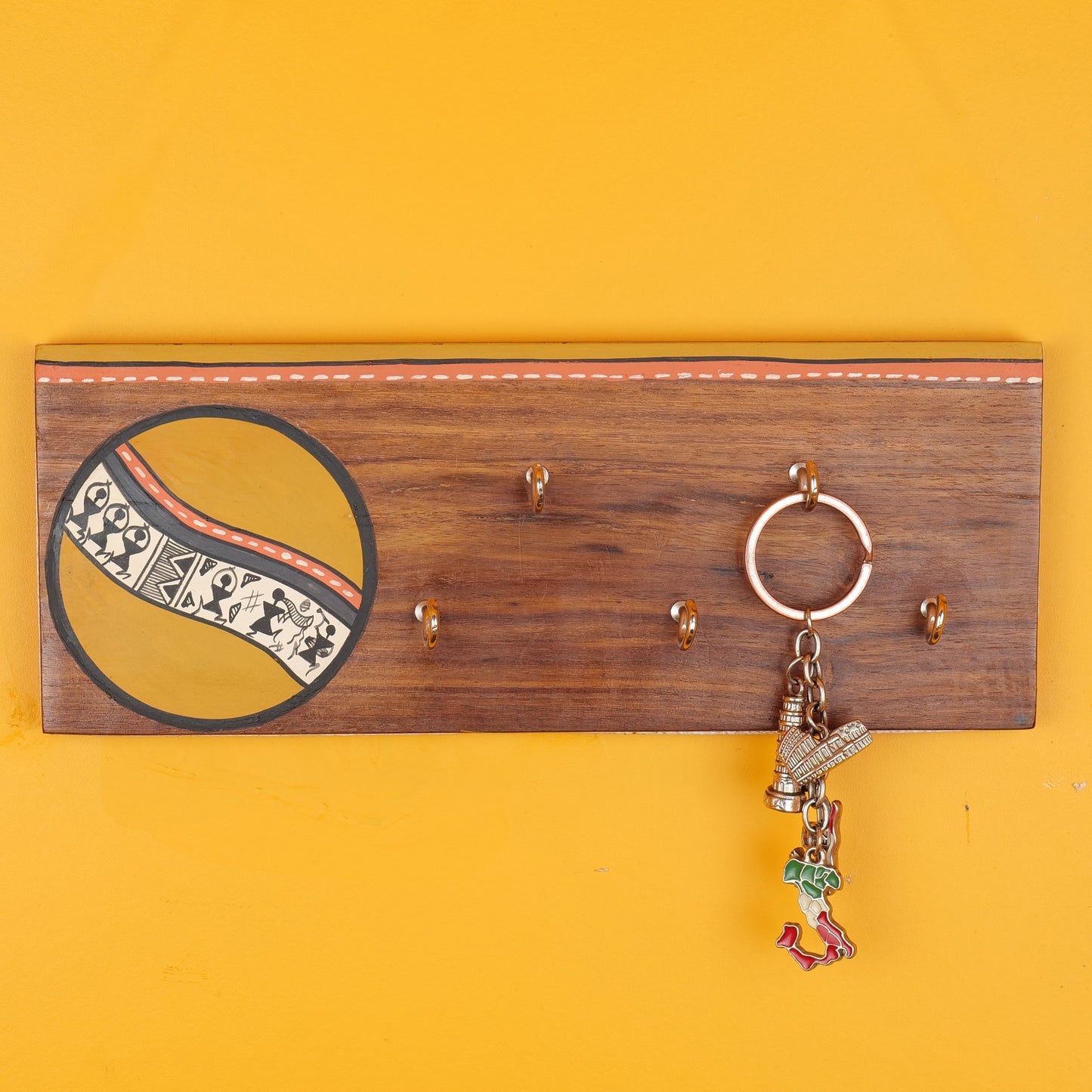 'Warli' Handcrafted Decorative Wooden Key Holder In Mustard Color