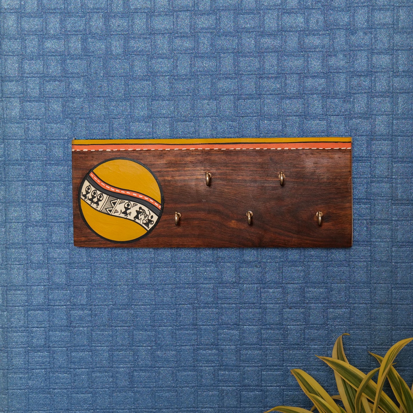 'Warli' Handcrafted Decorative Wooden Key Holder In Mustard Color