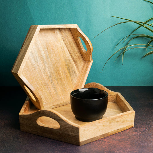 'Hexagonal Duo' Wooden Serving Tray, Set of 2