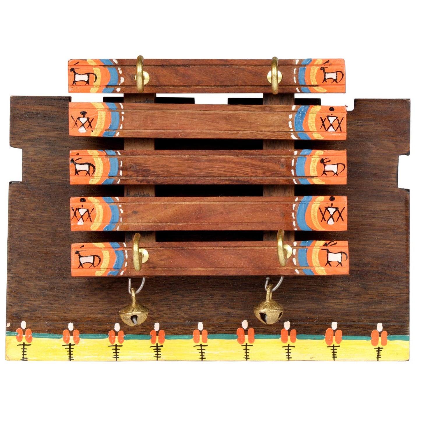 'Warli Block' Handcrafted Wooden Key Holder for Wall (4 Key Hooks)